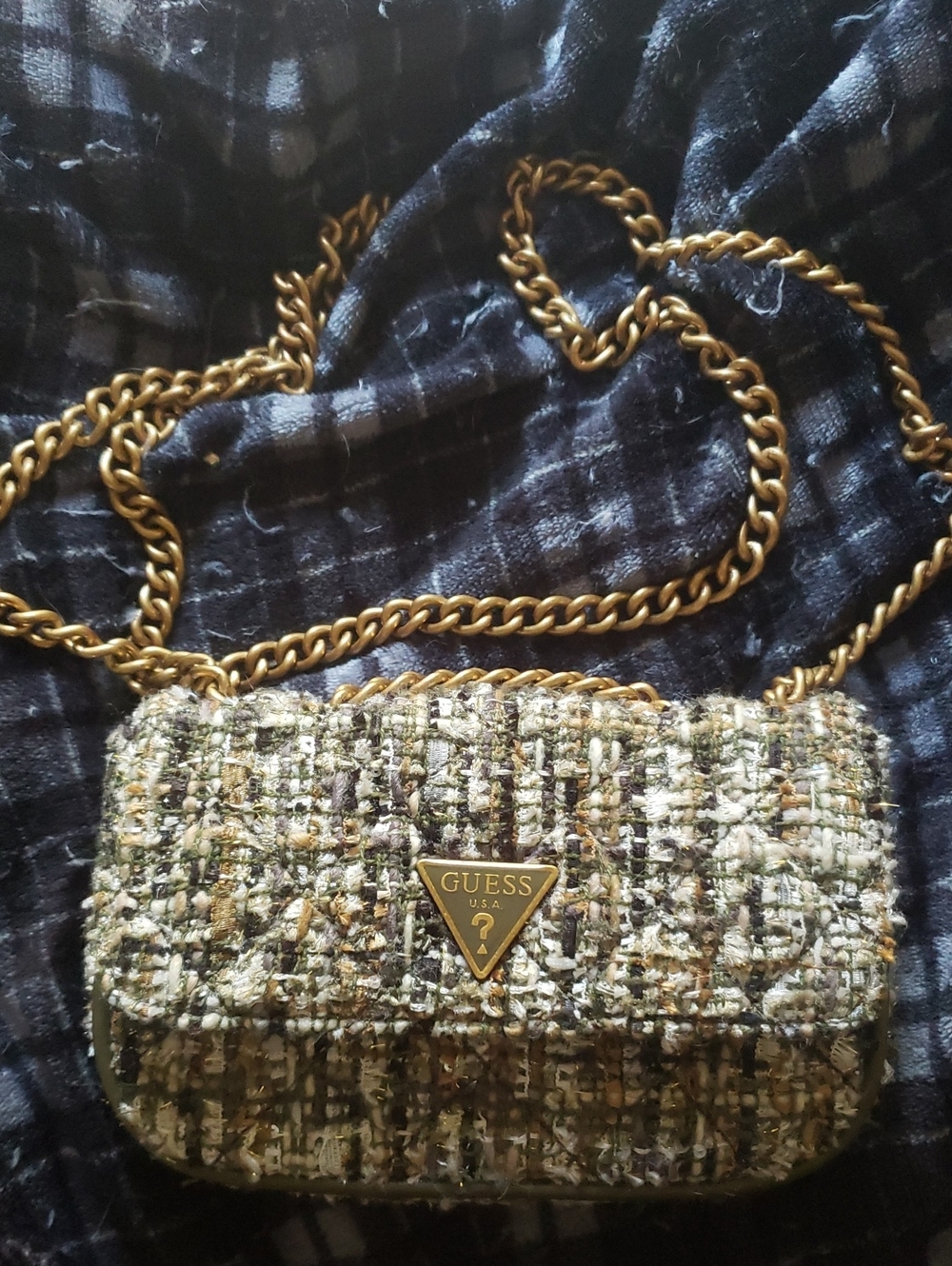 Guess Tweed Green Mosaic Chain Crossbody Bag